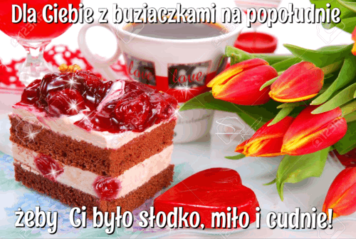 Ciasto z wiśniami, filiżanka kawy, czerwone tulipany i serduszko z napisem na popołudnie