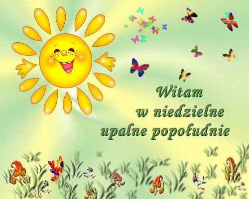 Uśmiechnięte słońce, kolorowe motyle i zielona łąka z napisem Witam w niedzielne upalne popołudnie