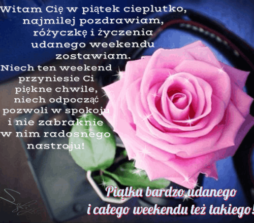 Różowa róża i błyszczący napis z życzeniami udanego weekendu na tle ciemnego telefonu