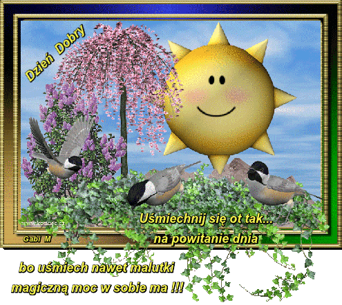 U�miechni�te s�o�ce, kwitn�ce drzewo, ptaki w zieleni i napisy powitalne w ozdobnej ramce