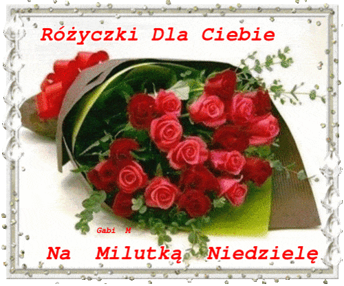Bukiet czerwonych i różowych róż z napisem Różyczki Dla Ciebie Na Milutką Niedzielę