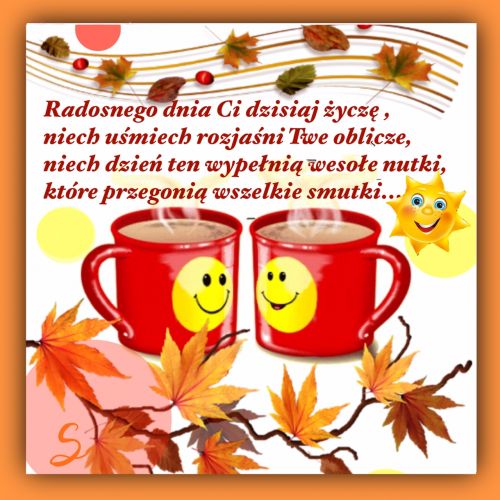 Dwie czerwone filiżanki z uśmiechem, jesienne liście, słońce i życzenia miłego dnia