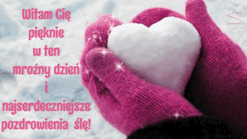 R�owe r�kawiczki trzymaj� �niegowe serce na tle �niegu z napisem powitalnym