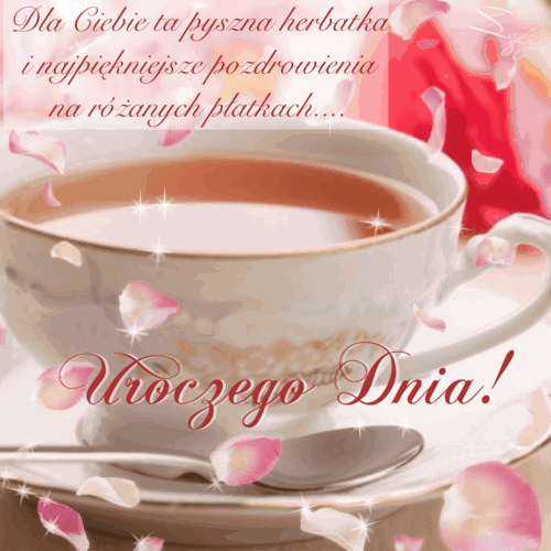 Elegancka fili�anka herbaty z napisem Uroczego Dnia, otoczona r�owymi p�atkami r� i b�yszcz�cymi gwiazdkami
