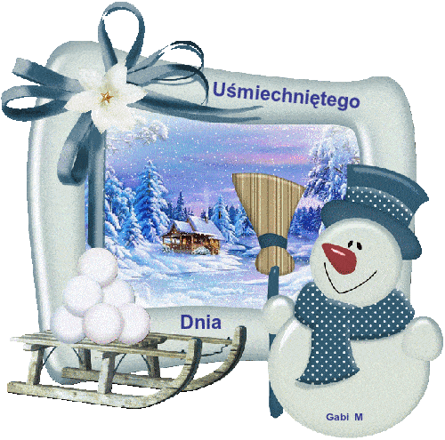 Zimowa scena z ba�wanem, saniami, kulkami �niegu, chatk� w lesie i napisem U�miechni�tego Dnia