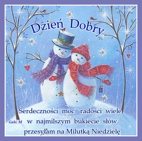 Dwa ba�wanki w szalikach i czapkach na zimowym tle z napisem Dzie� Dobry