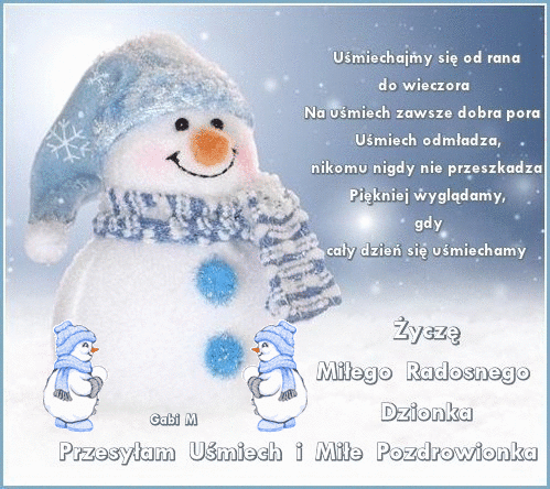 Wesoły bałwanek w niebieskiej czapce i szaliku na tle zimowego krajobrazu z wierszykiem