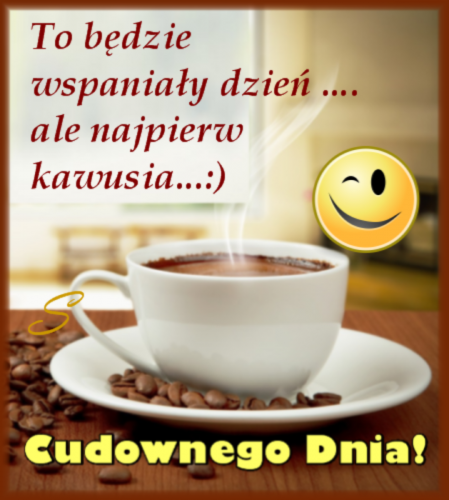 Filiżanka czarnej kawy z parą, ziarna wokół, uśmiechnięta buźka oraz napisy o poranku