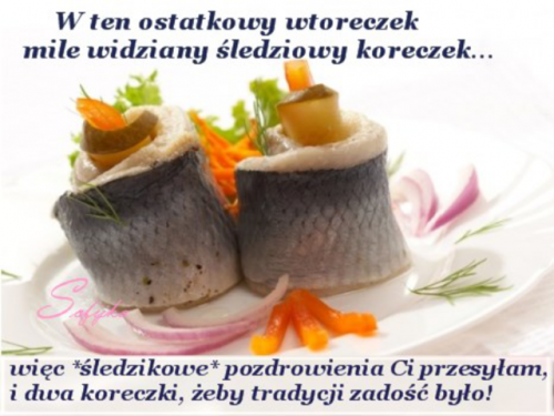 Dwa roladki �ledziowe z og�rkiem i papryk� na talerzu z cebul� oraz napisy z �yczeniami