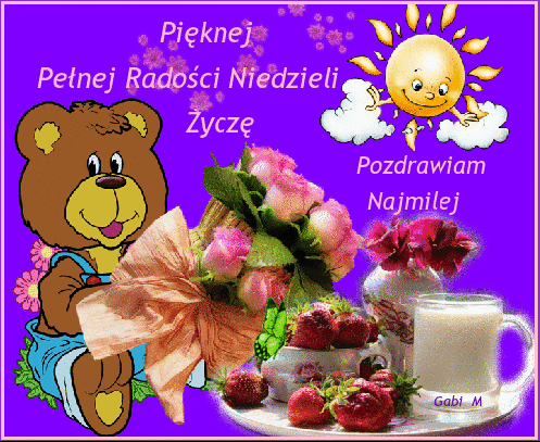 Brązowy miś, bukiet róż, uśmiechnięte słońce, truskawki, kubek mleka na fioletowym tle