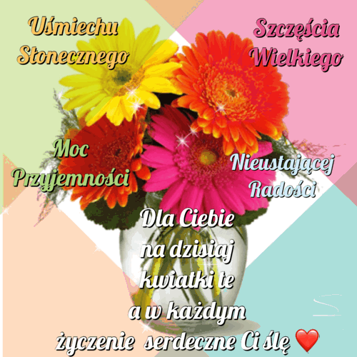 Bukiet kolorowych gerber w wazonie z napisami życzeń na pastelowym tle z serduszkiem