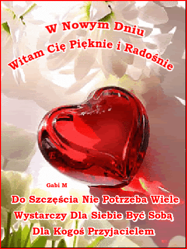 Błyszczące czerwone serce w otoczeniu białych kwiatów i napis o porannym powitaniu