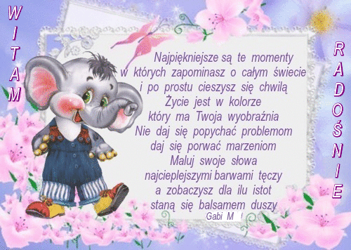 Uśmiechnięty słoń w ogrodniczkach, różowe kwiaty, motyl oraz optymistyczny wiersz na fioletowym tle