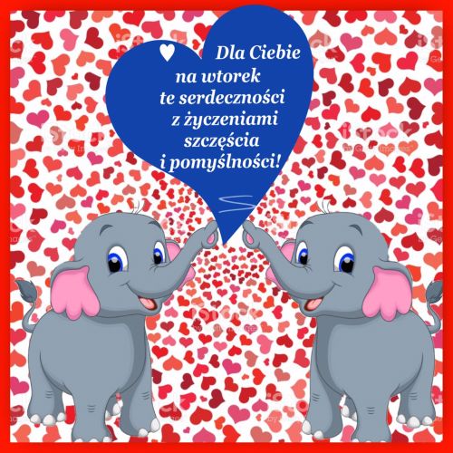 Dwa małe słonie z różowymi uszami na tle czerwonych serc i niebieskie serce z życzeniami