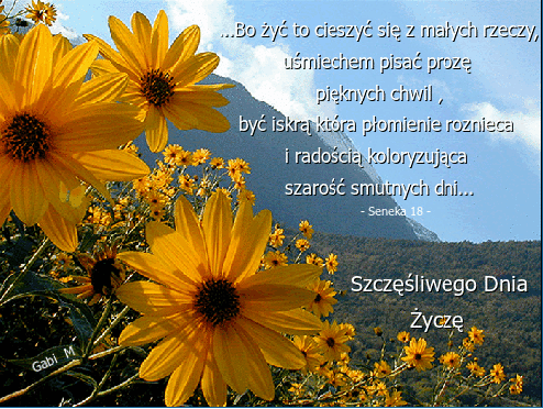 ��te kwiaty na tle g�r oraz cytat i napis Szcz�liwego Dnia �ycz�