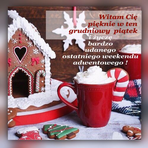 Piernikowy domek, czerwony kubek z bit� �mietan�, �wi�teczne ciasteczka i napis o adwencie