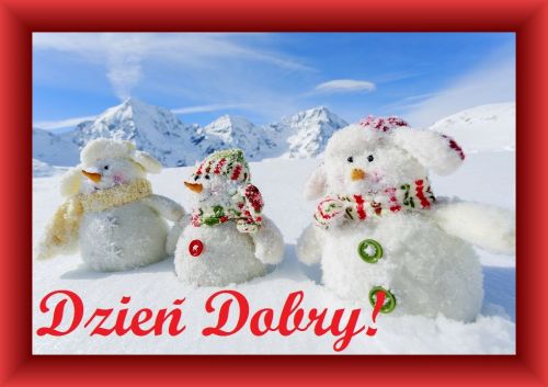 Trzy u�miechni�te ba�wanki w szalikach na tle o�nie�onych g�r z czerwonym napisem Dzie� Dobry