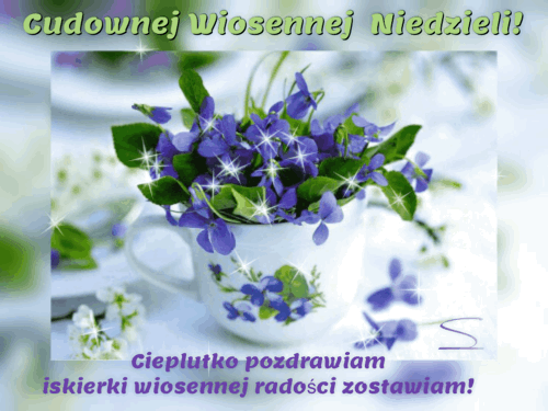Bia�y kubek z fioletowymi fio�kami, b�yszcz�ce gwiazdki, zielone li�cie oraz napis Cudownej Wiosennej Niedzieli