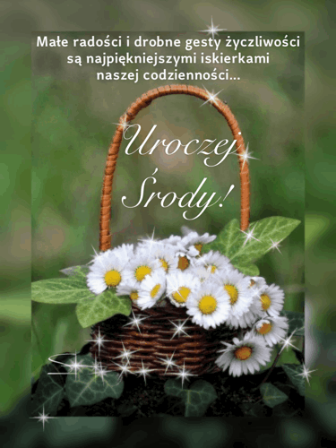 Wiklinowy koszyk z białymi stokrotkami i zielonymi liśćmi, błyszczące iskierki oraz napisy życzności