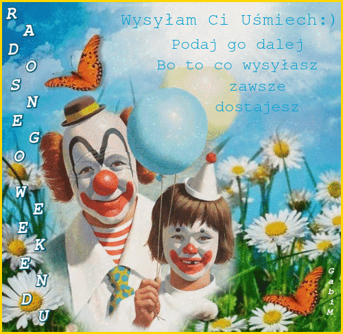 U�miechni�ty klaun z dzieckiem trzymaj�cym balony na ��ce pe�nej margaretek z motylami i napisem