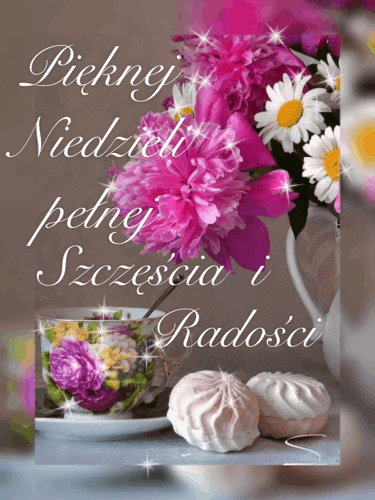 Bukiet r�owych kwiat�w, fili�anka herbaty, pianki marshmallow i napisy Pi�knej Niedzieli z b�yszcz�cymi gwiazdkami