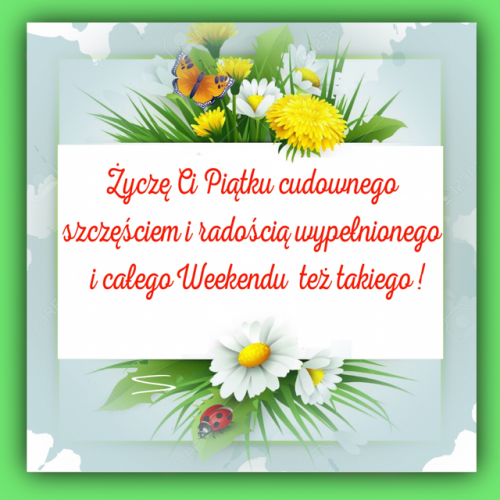 ��te i bia�e kwiaty, motyl, biedronka oraz napis �ycz� Ci Pi�tku cudownego