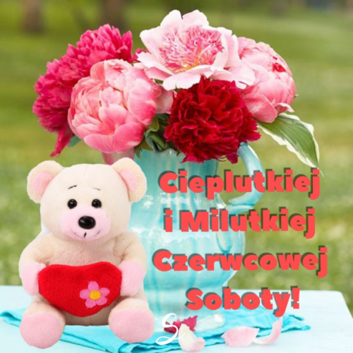 Pluszowy mi� z czerwonym sercem i bukiet r�owych piwonii w wazonie, napis Czerwcowej Soboty