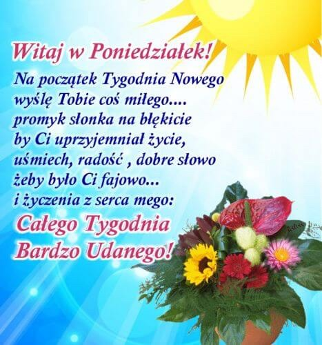 Słoneczne tło z bukietem kwiatów i życzeniami dobrego tygodnia na powitanie poniedziałku
