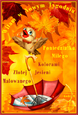 Mały ptaszek trzyma liść, siedząc na czerwonym parasolu w otoczeniu jesiennych liści i napisów