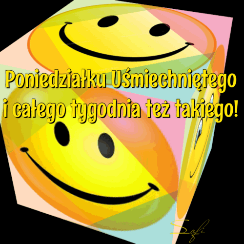 Żółta buźka uśmiechu na kolorowej kostce z napisem Poniedziałku Uśmiechniętego i całego tygodnia też takiego