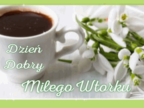 Biała filiżanka czarnej kawy i bukiet białych przebiśniegów z napisem Dzień Dobry Miłego Wtorku