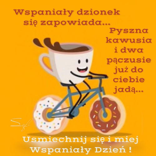 Uśmiechnięta filiżanka kawy jedzie na rowerze, którego kołami są dwa pączki z polewą