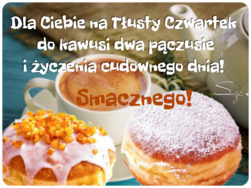 Dwa pączki, filiżanka kawy i dzbanek z napisem Dla Ciebie na Tłusty Czwartek
