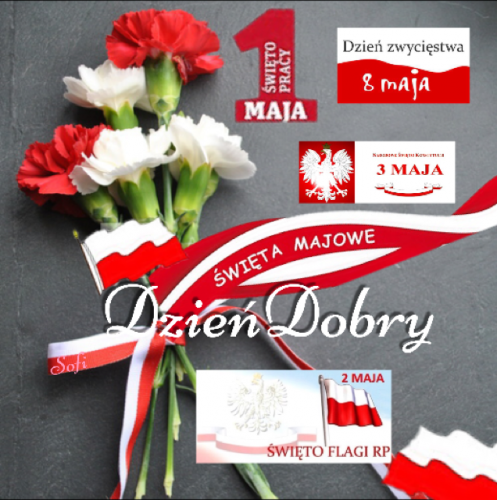 Biało-czerwone goździki, polskie flagi, wstęgi oraz napisy Święta Majowe i Dzień Dobry na ciemnym tle
