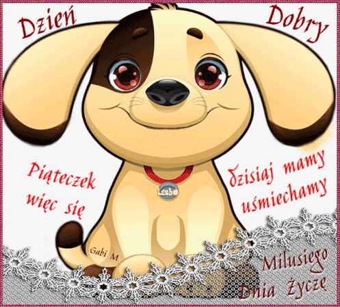 U�miechni�ty szczeniak z �atk� na oku, czerwona obro�a i napis Dzie� Dobry z pozdrowieniami