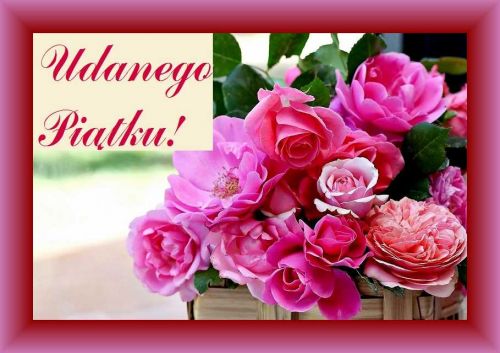 Bukiet r�owych r� z napisem Udanego Pi�tku na kremowym tle w r�owej ramce