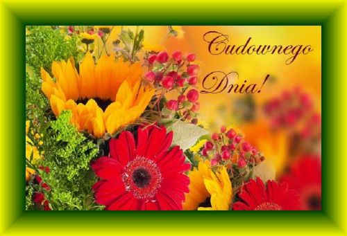 Bukiet ��tych s�onecznik�w i czerwonych kwiat�w z napisem Cudownego Dnia w zielonej ramce