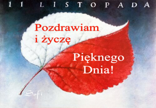 Bia�o-czerwony li�� z napisem 11 Listopada Pozrawiam i �ycz� Pi�knego Dnia