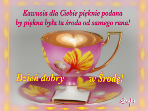 R�owa fili�anka z kaw� i sercem, spodek w li�cie oraz napis Dzie� dobry w �rod�