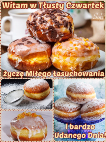 Pączki z lukrem, czekoladą i skórką pomarańczową na talerzu oraz napisy z życzeniami na Tłusty Czwartek