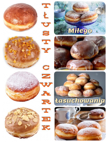 Różnorodne pączki z lukrem, cukrem pudrem i pomarańczową skórką oraz napisy Tłusty Czwartek
