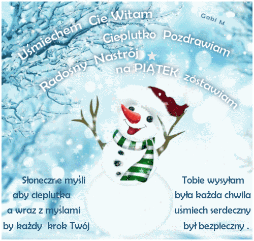 Zimowa scena ze uśmiechniętym bałwankiem w czapce, szaliku i z napisem na piątek