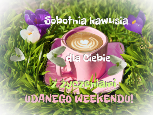 R�owa fili�anka kawy z piank� w�r�d wiosennej trawy, krokus�w i napis Sobotnia kawusia