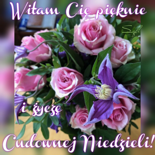 Buket r�owych r� i fioletowych kwiat�w powojnika z napisem Witam Ci� pi�knie Cudownej Niedzieli
