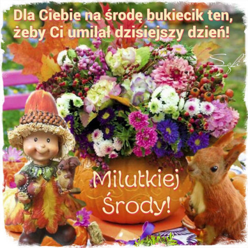 Jesienny bukiet kwiatów w dyni, krasnal, wiewiórka i napis Milutkiej Środy