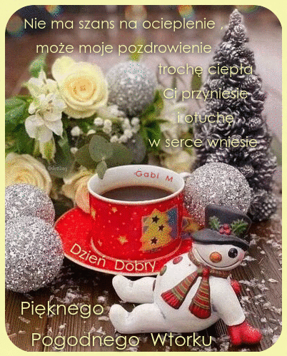 Czerwona fili�anka kawy, ba�wanek, bombki, choinka i bukiet bia�ych r� z napisem dzie� dobry
