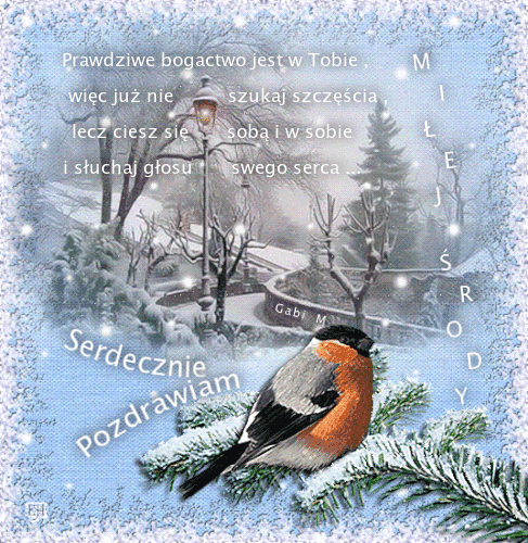 Zimowy park z latarni�, siedz�cy na ga��zi gil oraz napis Mi�ej �rody
