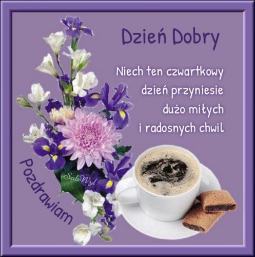 Bukiet kwiat�w, fili�anka kawy i ciasteczka na fioletowym tle z napisem Dzie� Dobry