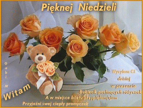 Bukiet pomarańczowych róż w wazonie, pluszowy miś trzymający małe kwiatki oraz napisy z życzeniami