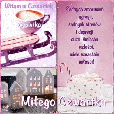 Fioletowe sanki, kubki z kaw� i piankami, domki lampiony oraz napisy na r�owym tle
